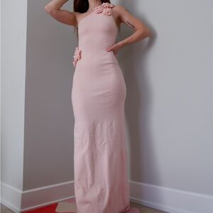 Meshki Paloma One Shoulder Knit Maxi Dress w Flower Appliqués